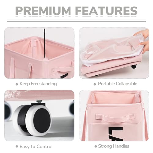 CHICVITA 75L Rolling Laundry Basket with Wheels Removable wash bag, Pink | Laundry hamper for dirty clothes dorm essentials. Pink room Decor for girls kids fit living room nursery room college dorm