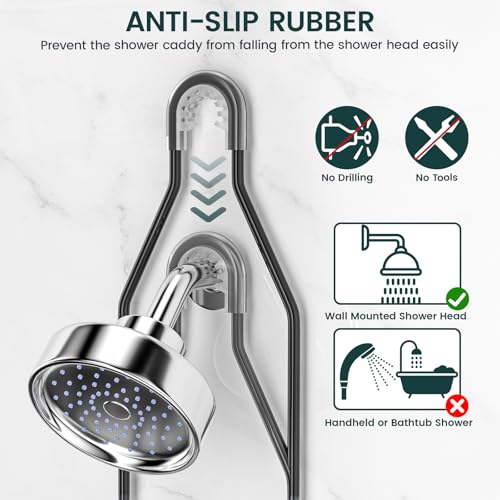 Adjustable Shower Caddy Hanging Rustproof Shower Organizer, Black | Extra Long, No Drilling, Anti-Slip, Shower Caddy Over Showerhead, Fast Draining, Soap Holder, 12 Hooks, Bathroom Accessories