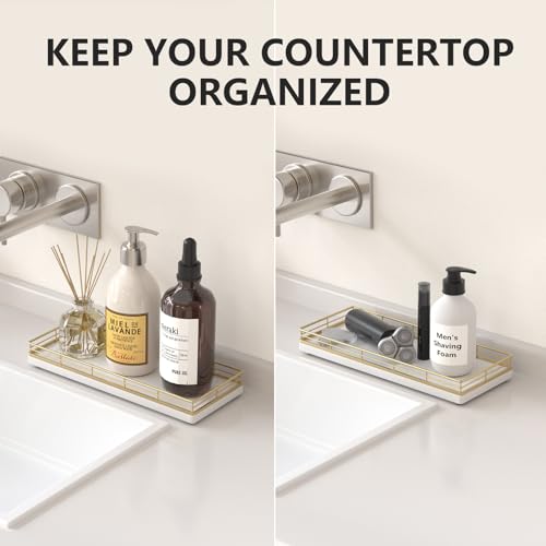 Bathroom Tray for Counter Top Organizer, Oak Wood Vanity Tray | Metal Frame for Dresser, Kitchen & Nightstand, Gold & White Decorative Storage
