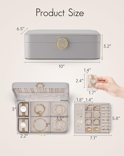 VLANDO 2 Layer Jewelry Box,Jewelry Organizer Storage Lockable Earring Organizer Removable Jewelry Tray with Watch Pillow for Neckable Ring Bracelets-Grey