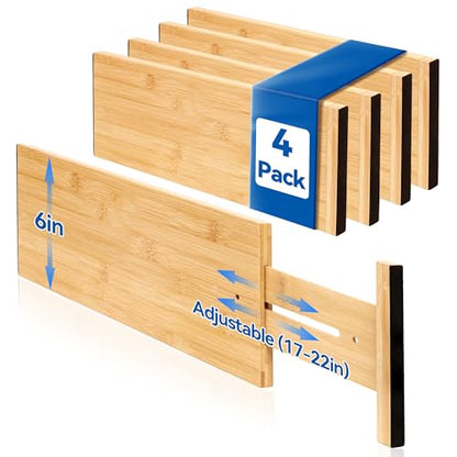 4 Pack Deep Drawer Dividers, 6" High Bamboo Expandable Drawer Organizers, 17-22" Adjustable Tension Separators, Large Drawer Dividers for Kitchen, Bedroom Dresser, Baby Nursery & Bathroom