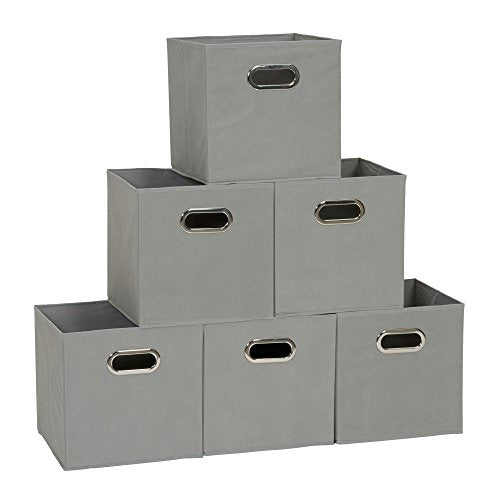 Household Essentials Fabric Storage Bins in Strong Poly‑Woven Fabric, Sturdy Chipboard Sides, Grommet Front Handle, Dove Gray Finish, Set of 6