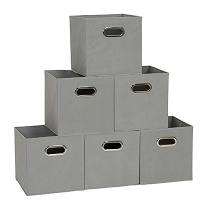 Household Essentials Fabric Storage Bins in Strong Poly‑Woven Fabric, Sturdy Chipboard Sides, Grommet Front Handle, Dove Gray Finish, Set of 6