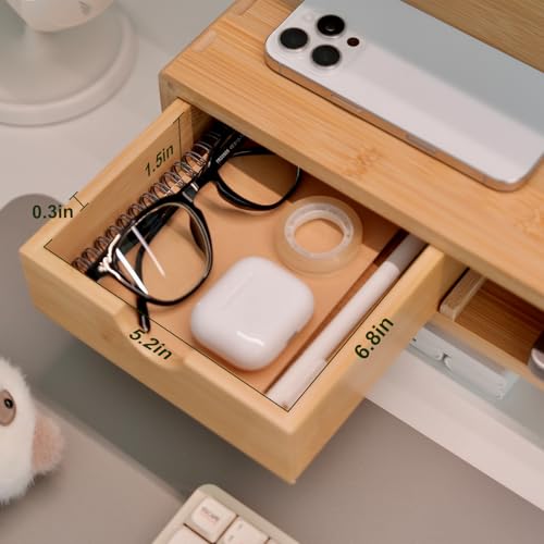 Bamboo Monitor Stand Riser with Drawer | Ergonomic Computer Riser for Desk with Cable Management & Storage Organizer, Wood Monitor Stand for Home Office