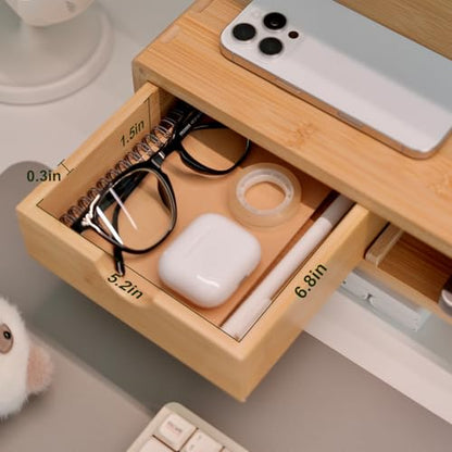 Bamboo Monitor Stand Riser with Drawer | Ergonomic Computer Riser for Desk with Cable Management & Storage Organizer, Wood Monitor Stand for Home Office