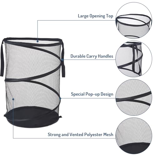 Mesh Popup Laundry Hamper 115L Foldable Laundry Basket Extra Large Capacity Collapsible Clothing Storage Basket with Handles 26 H x 18 W x 18 L (Black)