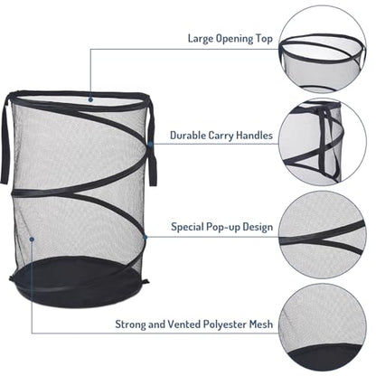 Mesh Popup Laundry Hamper 115L Foldable Laundry Basket Extra Large Capacity Collapsible Clothing Storage Basket with Handles 26 H x 18 W x 18 L (Black)