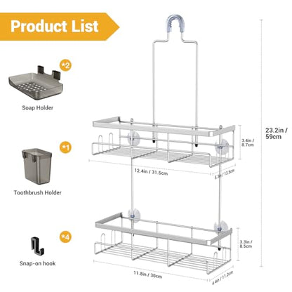 Hanging Shower Caddy Over Showerhead - Rustproof No Drill Shower Organizer | Includes Soap Holder and Hooks for Shampoo, Conditioner, and Bathroom Essentials with Quick Drainage Design