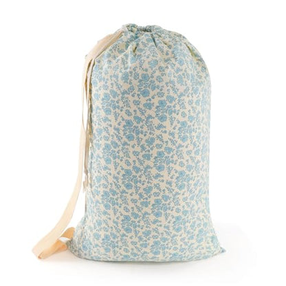 Laundry Bag Backpack for Dorm & Travel, 29 x 18" Large Dirty Bag | Cute Blue Floral College Clothes Pouch with Straps and Handles. Ideal for Apartment, Camp and Portable Bag for Laundromat