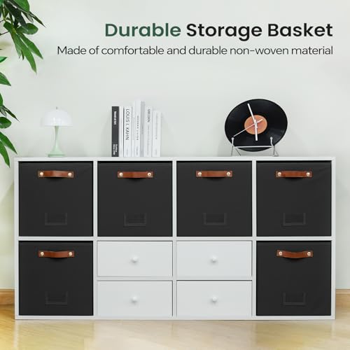 FinishingBo 13 inch Storage Bins with Labels 6 Pack | PU Leather Handles, Foldable Storage Cubes, Storage Baskets, Closet Storage, Black