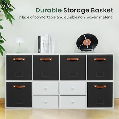 FinishingBo 13 inch Storage Bins with Labels 6 Pack | PU Leather Handles, Foldable Storage Cubes, Storage Baskets, Closet Storage, Black