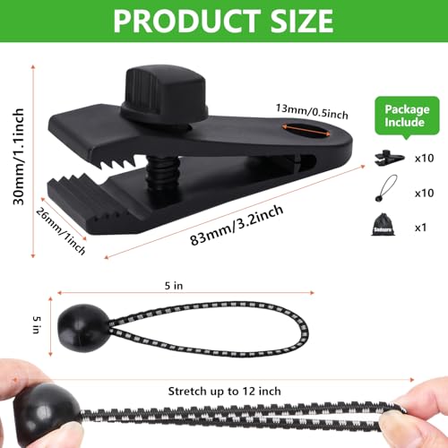 Tarp Clips Heavy Duty Lock Grip, 20 Pcs Tarp Clamps & Bungee Cords Set | Come with Storge Bag, Windproof Shark Tent Fastener Clip, Pool Cover Clip for Camping, Awning, Shade Cloth , Boat& Car Cover