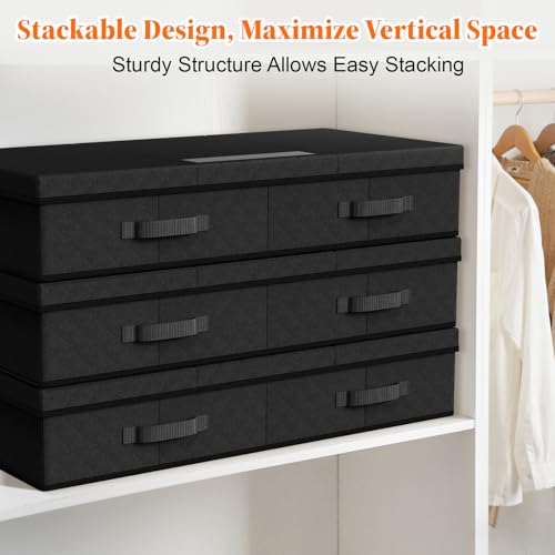 Under Bed Storage Containers with Lids, 2 Pack Foldable Black | Storage organizer, Stackable Clothes Storage Bags, For Blankets Pillows Clothing, Clear Window, 3-Sided Handles, Label Slot
