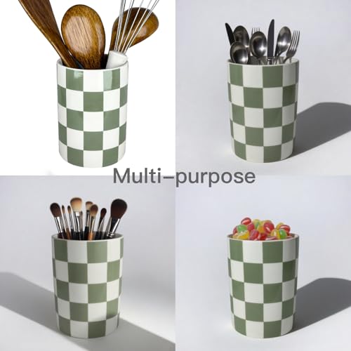 Checkered Utensil Holder, 4.13''x5.71" Utensils Ca... (Sage Green | Ceramic)