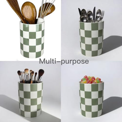 Checkered Utensil Holder, 4.13''x5.71" Utensils Ca... (Sage Green | Ceramic)