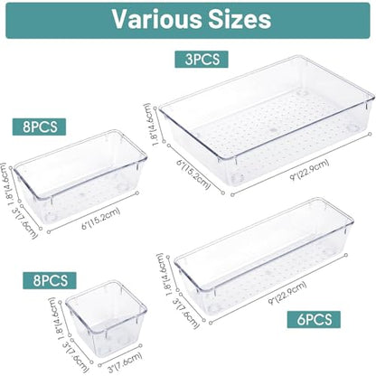 25 PCS Clear Plastic Drawer Organizer, Makeup Organizers and Storage Bins | 4 Sizes Desk Drawer Divider Organizers and Storage Bins for Makeup, Jewelry, Gadgets for Kitchen, Bedroom, Bathroom, Office