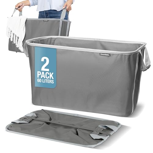 CleverMade Collapsible Laundry Basket, 60L Pop-Up Hamper, 2 Pack, Charcoal | Clear Floor Space Between Laundry Days | Each Basket Holds 55 lb, Stays Upright While Loading, and Folds to 1.25 Inches