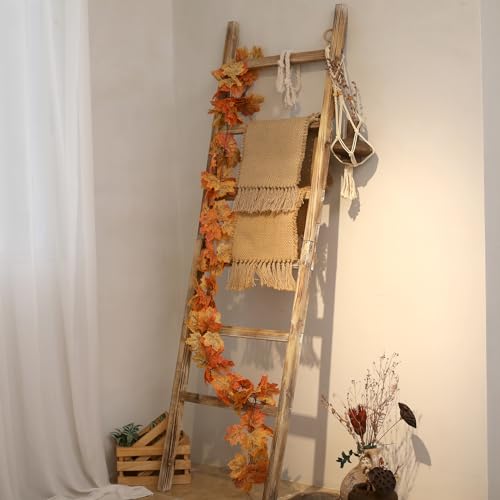 Blanket Ladder, 24in Wide Rustic Solid Wood Decor Rack, Burnt Brown | 6.4 ft high and 6 rungs, farmhouse quilt display holder, organize towel and scarf, leaning wall, bathroom and living room use