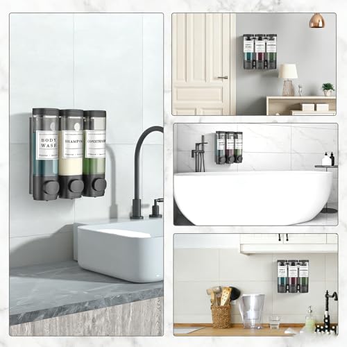 Shower Soap Dispenser Wall Mounted No Drill Shampoo Dispenser for Shower Wall Shampoo and Conditioner Dispenser Bathroom Hotel 3 * 300ml Black with Labels