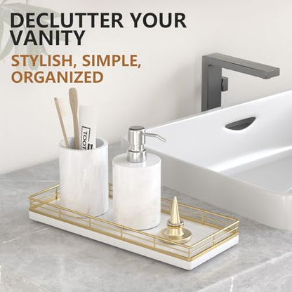 Bathroom Tray for Counter Top Organizer, Oak Wood Vanity Tray | Metal Frame for Dresser, Kitchen & Nightstand, Gold & White Decorative Storage