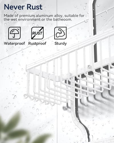 Never Rust Shower Caddy Hanging, Aluminum Shower Racks for Inside Shower, 3-Tier Shower Organizer Hanging Over Shower Head with Hooks and Soap Holder, White