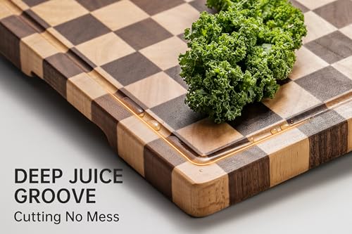 Cutting Boards for Kitchen, Checkered Cutting Board Upgraded, Acacia Wood Chopping Board with Juice Grooves & Handles, Large Butcher Block Serving Tray with Gift Box, 17"X12"X0.8"