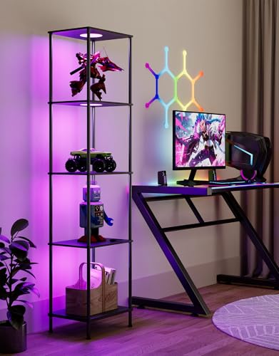 Display Shelf with RGBW Light, Color Changing Curio Cabinet Floor Lamp with Shelves Corner Standing Column Lamp Etagere Organizer Tower Nightstand Bookcase for Living Room Bedroom Office Décor Black