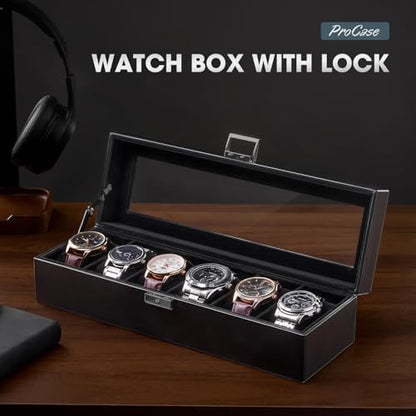 ProCase 6 Slots Watch Case Box for Men -AllBlack | PU Leather Man Watch Organizer, Soft Pillow, Lockable Glass Display Lid, Storage Holder for Watch Collection