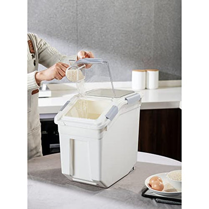 33 Liter / 50 lbs Rice Storage Container with Measuring Cup, BPA free, For Rice | Grain | Pet Food | Flour, 2 count, White