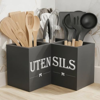 Extra Large Utensil Holder Countertop for Kitchen Counter,Wood,Black | Hold 40 Utensils,3 Removable Divider,Rutic Silverware Organizer Caddy,Spacesaving,Farmhouse Cooking Crock for Spatula,Spoon
