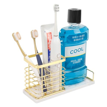 Toothbrush Holder, Luxurious Metal Toothbrush Toothpaste Holder with Marble Base for Bathroom, Multi-Slots Openwork Design, Bathroom Accessory for Storage and Organizer (Large, Gold)