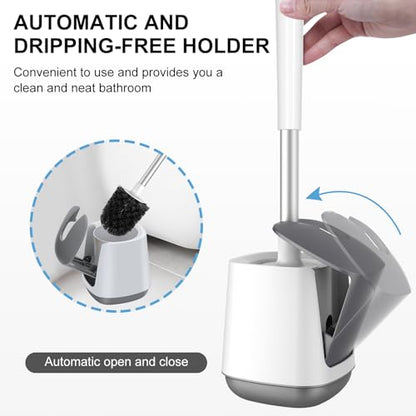 Toilet Brush and Holder 2 Pack, Self Closing Lid Toilet Bowl Brushes Holder and Extra Long Handle Ventilated Toilet Brush Set for Bathroom Cleaning, Nylon Bristles, White & Grey