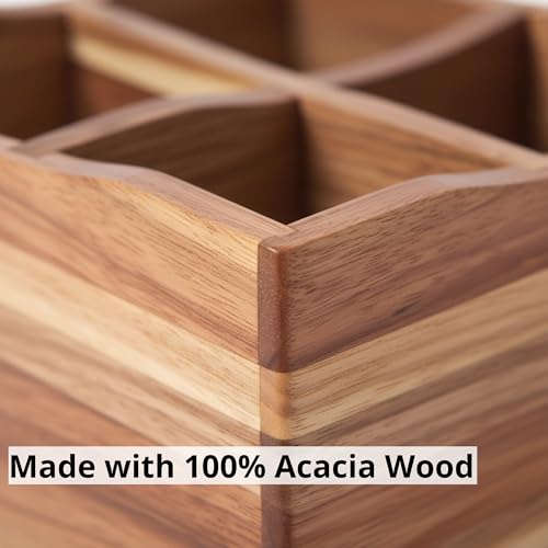 Utensil Caddy for Parties, Acacia Wood Silverware Holder for Countertop