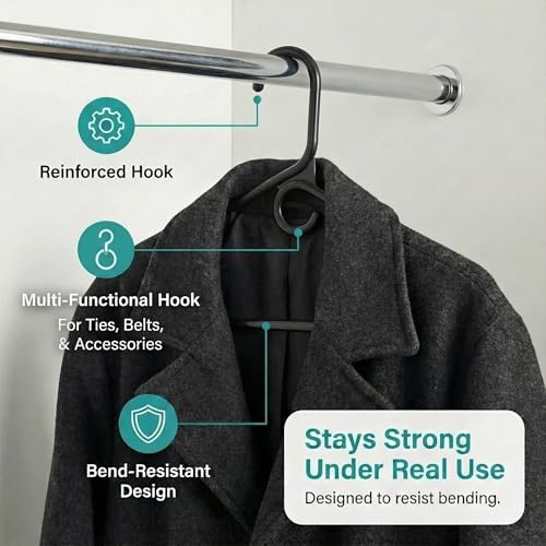 DEILSY™ Heavy Duty Plastic Hangers 30 Pack Thick Black Heavy Duty Hangers | Thick plastic hangers with built-in accessory hook, sturdy plastic hangers for coats, jeans, pants and heavy garments