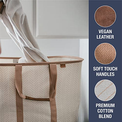 Collapsible Fabric Laundry Basket Tote Premium, Herringbone, 2 Pack | Bring a Polished Look to Laundry Day | Cotton-Blend Fabric and Vegan Leather Pair with Long Handles and 55 lb Support
