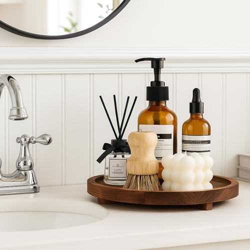 Round Wood Riser Bathroom Tray Countertop Vanity Tray Kitchen Sink Decor | Circle Small Wooden Decorative Bathroom Trays Brown Rustic Kitchen Counter Perfume Candle Tray Coffee Table Pedestal Stand
