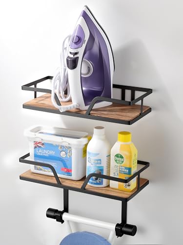Ironing Board Holder Wall Mounted, 2-Layer Sturdy Iron and Ironing Board Hanger with Wood Shelf, Space Saving Laundry Room Organization for Iron, Board & Accessories