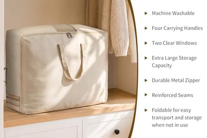 Soft Canvas Storage Bags for Comforters, Blankets, Beddings, Quilt, Clothes | King/Queen Comforter Organizer, Cotton Canvas, 4 Pack, 4 Handles & 2 Clear Windows, Reinforced Zippers, 25x19x9in