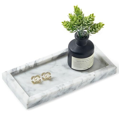 Natural Small Marble Vanity Tray, Stone Organizer for Bathroom & Kitchen | Real stone tray, unique veining. Non-resin, non-ceramic. Holds soap, jewelry, perfume. Non-slip felt. Polished.