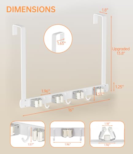 Broom Holder Over The Door with Hooks -304 Stainless Steel (White) | Save Space, Anti-Rust & Sturdy, Mop and Broom Holder Wall Mounted or Hanging Over The Door, for Garage Laundry Kitchen