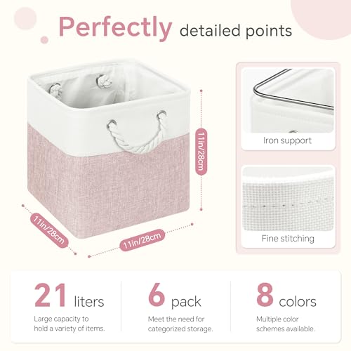 FinishingBo 11 inch Cube Storage Bin with Handles 6 Pack | Foldable Basket, Fabric Storage Bins, Closet Storage, Home Organizer (White/Pink)
