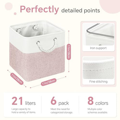 FinishingBo 11 inch Cube Storage Bin with Handles 6 Pack | Foldable Basket, Fabric Storage Bins, Closet Storage, Home Organizer (White/Pink)
