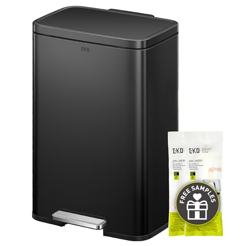 EKO Madison Matte Black Stainless Steel 13.2 Gal/50L Kitchen Step Trash Can or Recycling Bin, Removable Inner Liner, Soft Close Lid, Fingerprint Resistant Finish