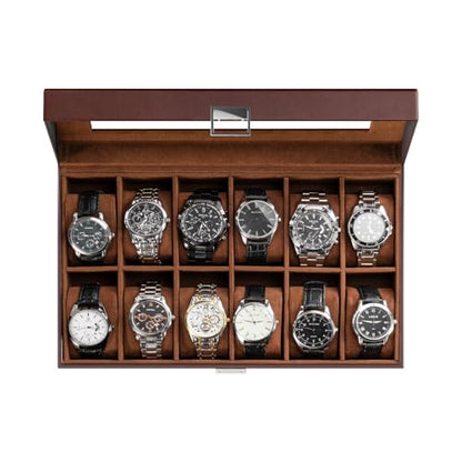 ProCase Watch Box Organizer, Fathers Day Gift for Dad, 12 Slot Watch Display Case With Glass Lid, Watch Storage Holder Mens Watch Case, Anniversary Birthday Gifts -12 Slot, Brown