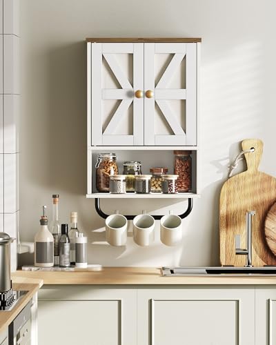 Bathroom Wall Cabinet, Medicine Cabinet with Open Partition and Towel Bar, Rustic Storage Cabinet with Open and Hidden Storage Space, for Bathroom, Living Room, Kitchen, White and Walnut