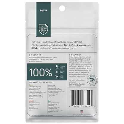 The Friendly Patch Travel Essentials Multi-Pack includes 8 Patches: Snooze Sleep Patches, Ashwagandha calm, Boost Energy Patch, and Shield for Sleeping, Relaxing, and Energy.