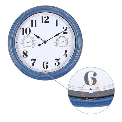 12 inch Outdoor Clock Blue Waterproof Wall Clock with Temperature | Water Resistant Outdoor Clocks for Patio Garden