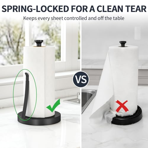 Countertop Paper Towel Holder for Kitchen, Black Tension Arm | One-Handed Tear, Stainless Steel Paper Towel Holder Stand for Bathroom Laundry Room Workshop