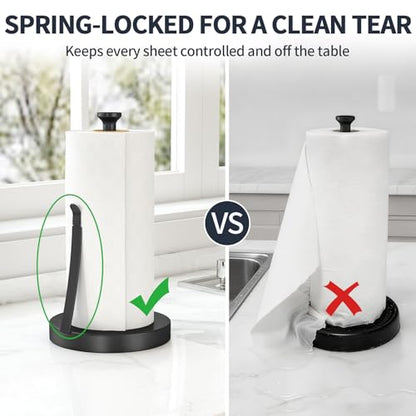Countertop Paper Towel Holder for Kitchen, Black Tension Arm | One-Handed Tear, Stainless Steel Paper Towel Holder Stand for Bathroom Laundry Room Workshop