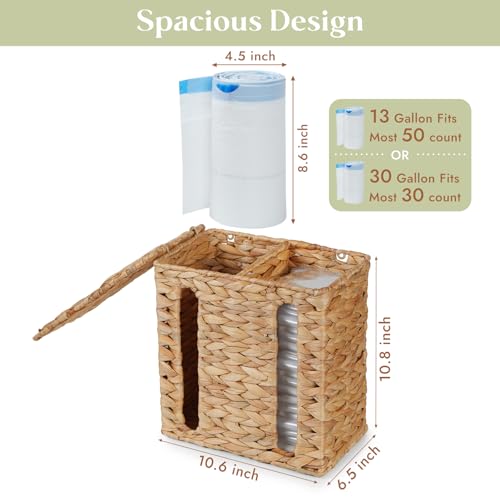 YANGQIHOME Water Hyacinth Trash Bag Dispenser with Lid | Plastic Bag Holder, Grocery Bag Holder, For Kitchen, Cabinet and Countertop, 2 Slots